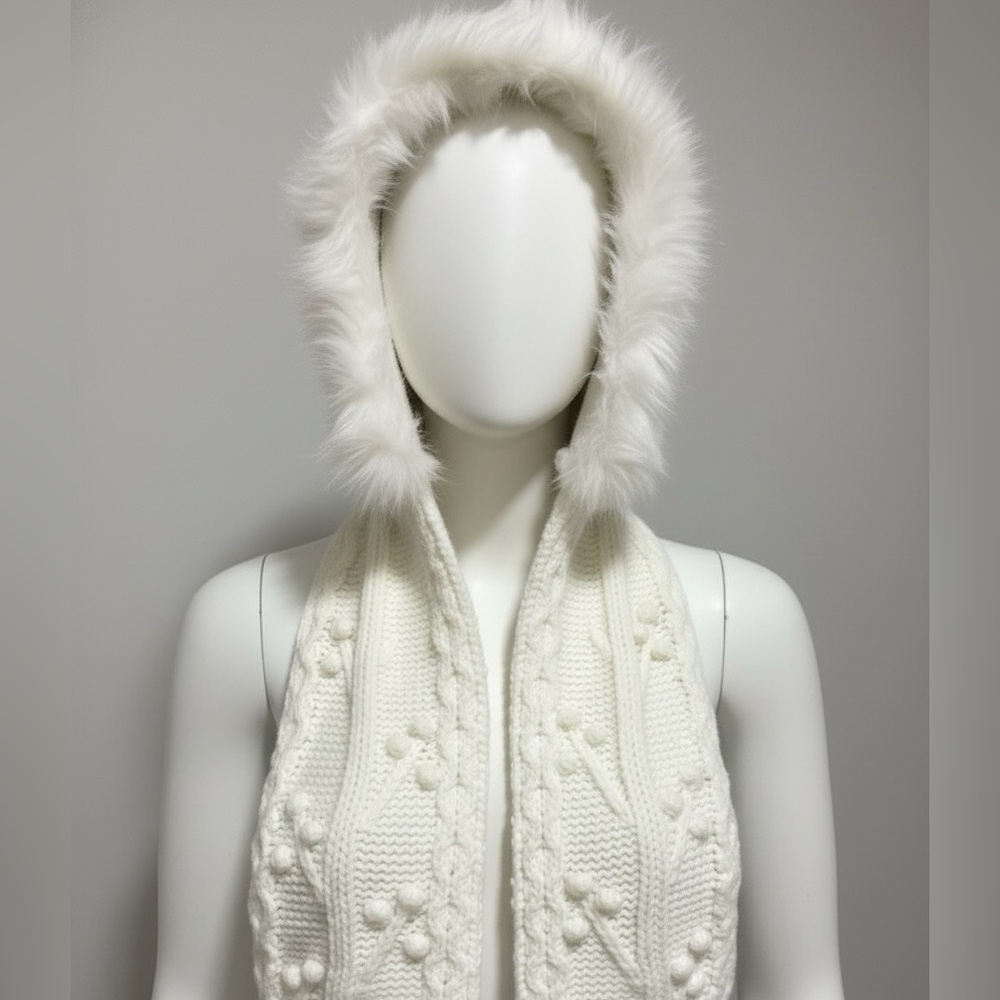 Woolrich Woolen Mills Ecru Ivory Faux Fur Hooded Knit Scarf CABLE CHUNKY cozy - Picture 3 of 9